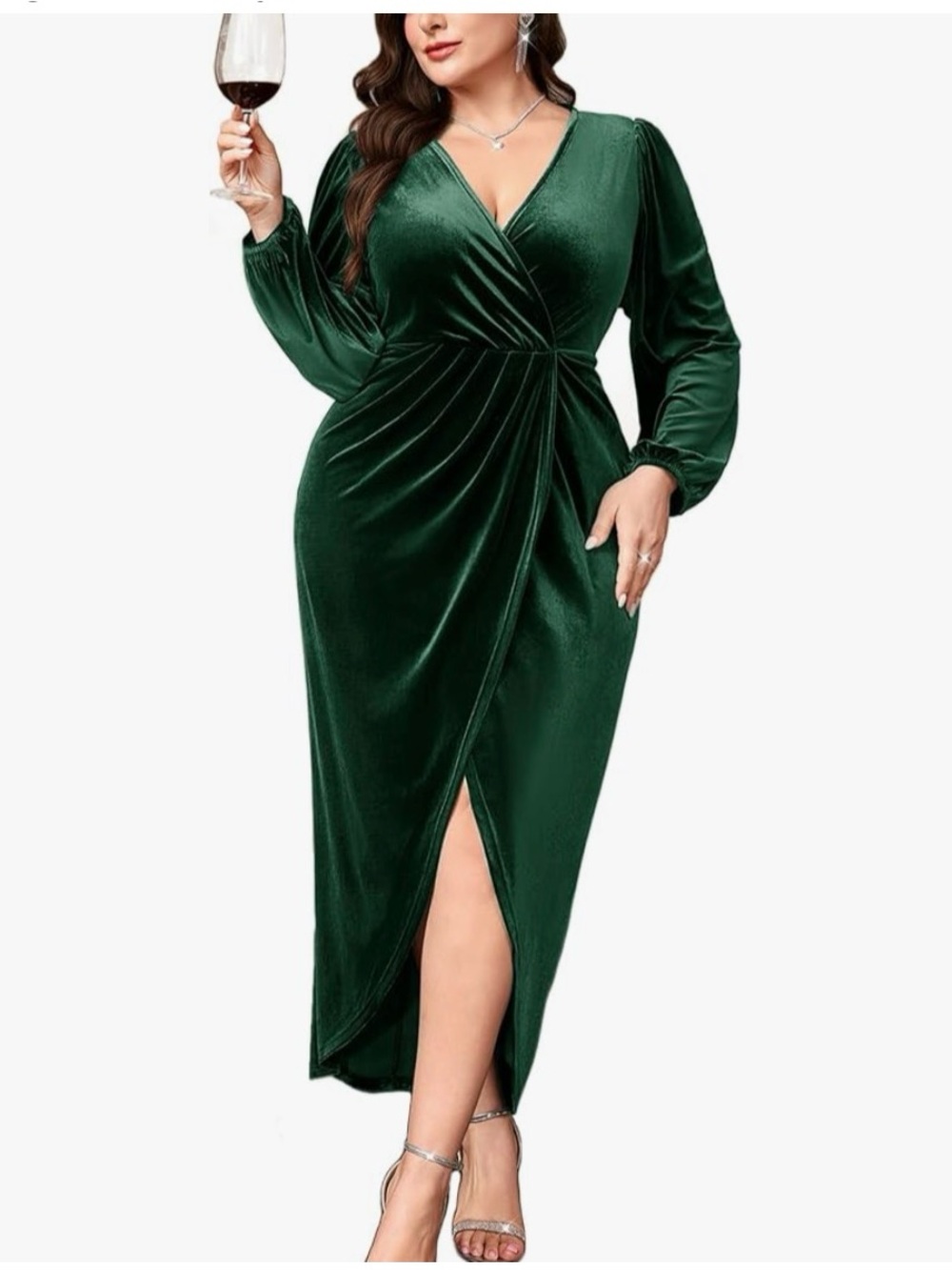 Tiaraly Plus Size Emerald Green Velvet Wrap Midi Dress NEWavail L Plus- 4XL Plus